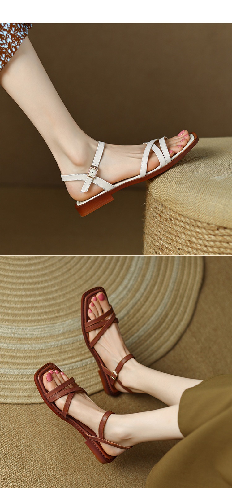 Dép sandal nữ đế bệt mũi vuông hở ngón da bò một quai khóa ngang — Màu nâu chi tiết 6