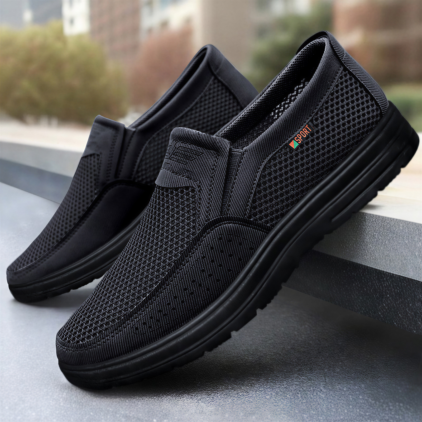 Zapatos casuales de primavera para hombre, zapatos de hombre al por mayor, zapatos de tela estilo Pekín, zapatos de malla ligeros, zapatos de papá de boca baja.