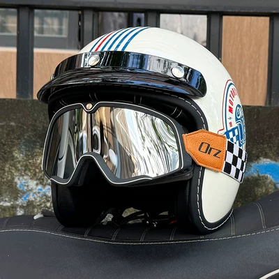 Helmet, Suitable for All Seasons, Can Be, Motosiklet kaskı (dəbilqə) - blue-wings-retro-black-and-silver-goggles-special-price-m
