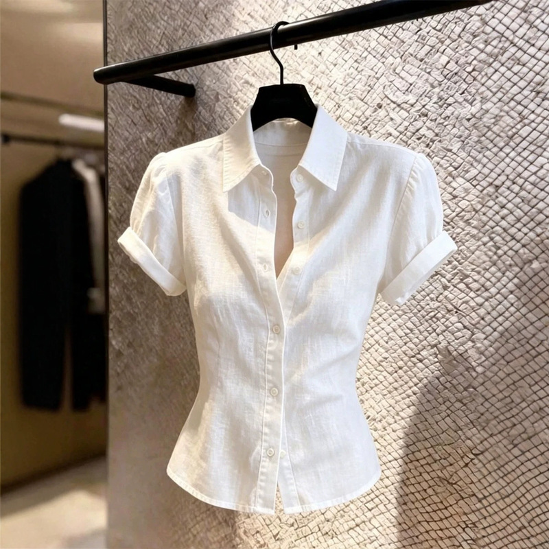 European-Style Light Luxury White Cotton-Linen Short-Sleeve Shirt for Women, French-Style Chic Top with Regular Shoulders and a Fitted Waist European-Style Light Luxury White Cotton-Linen Short-Sleeve Shirt for Women, French-Style Chic Top with Regular Shoulders and a Fitted Waist
