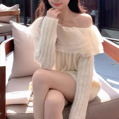 白色加厚荷叶边露肩毛衣女秋冬季斜肩上衣女宽松慵懒风