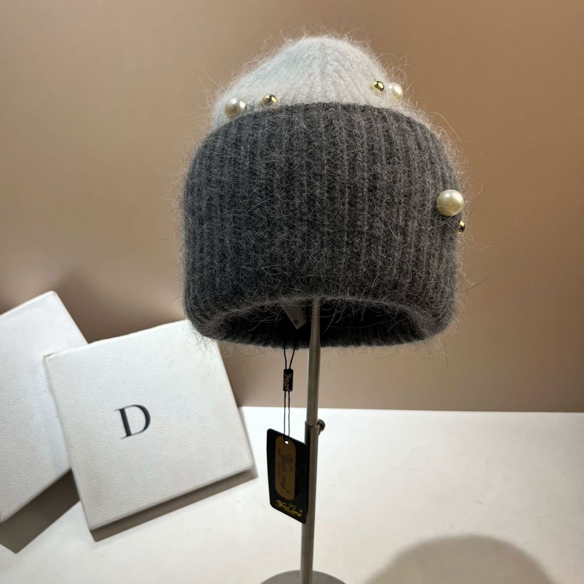 Winter Kleine Duftende Perle Farbe blockiert Warm Kalt Nordisch Dick Doppelschicht Angora Kaninchen Haar Strickmütze_voghion.com
