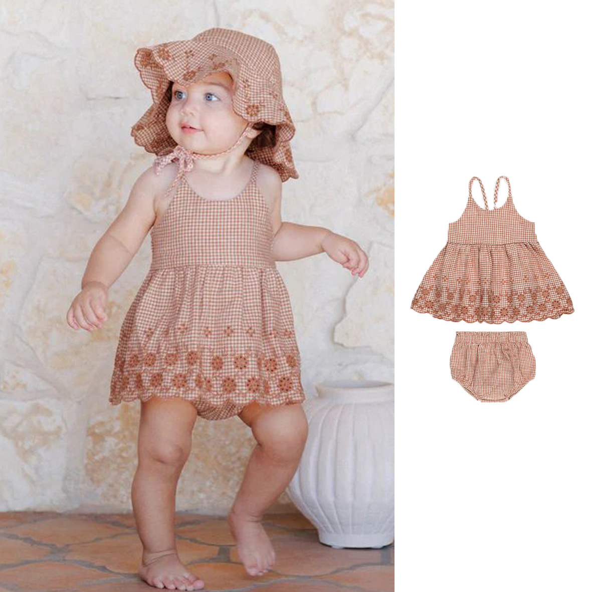 Ss26 Danish Summer New Style Ins Plaid Suspender Skirt Shorts Girls' Suit Nordic Vacation Style Top Children's Clothing