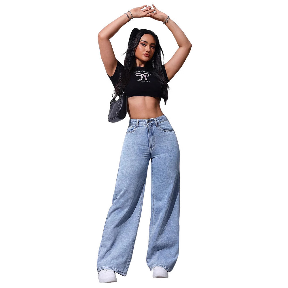 New European And American Style High-waisted Slimming Loose-fitting Floor-length Flared Straight-leg Jeans, Trendy_ecoleips.com