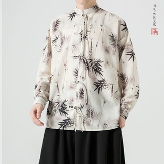 长袖衬衫男秋季中国风男装古风宽松大码青年中山装中式唐装外套潮