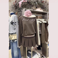 跨境韩版春秋新款气质衣服女套装学院风卫衣高腰百褶短裙两件套潮