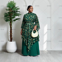 美式大码女装时尚套装三宅褶皱长袖烫金上衣百褶长裤两件套长款