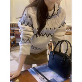 复古加厚提花撞色长袖毛衣女秋冬季2023新款软糯保暖麻花针织上衣