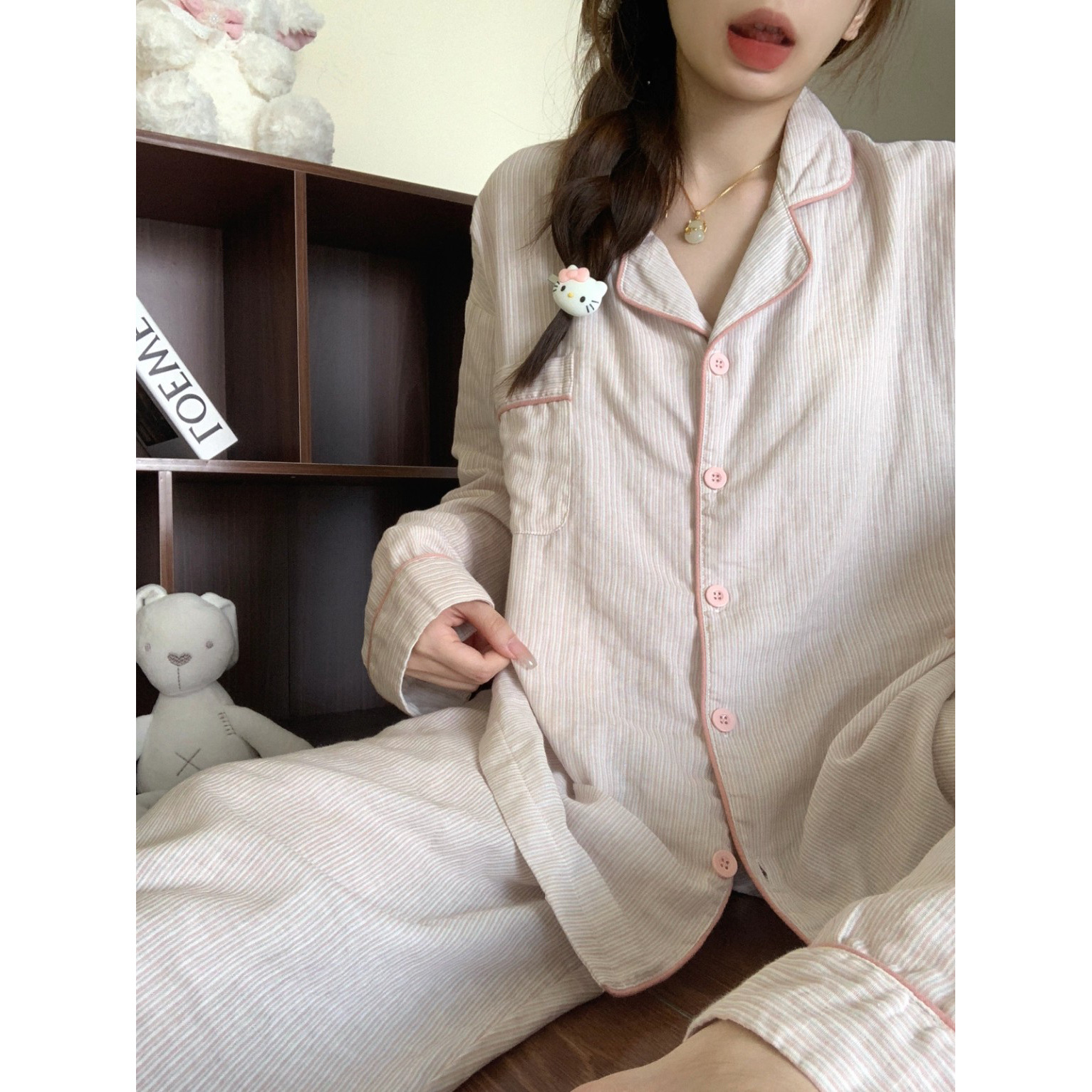 ins韩版条纹睡衣女春秋季长袖套装高级感云朵棉纱布家居服可外穿