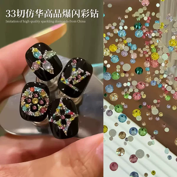 K9 New Super Shiny Flat-Bottom Colorful Round Nail Art Rhinestones Mixed Crushed Rhinestones Dopamine Round Rhinestones Nail Stickers Decorations