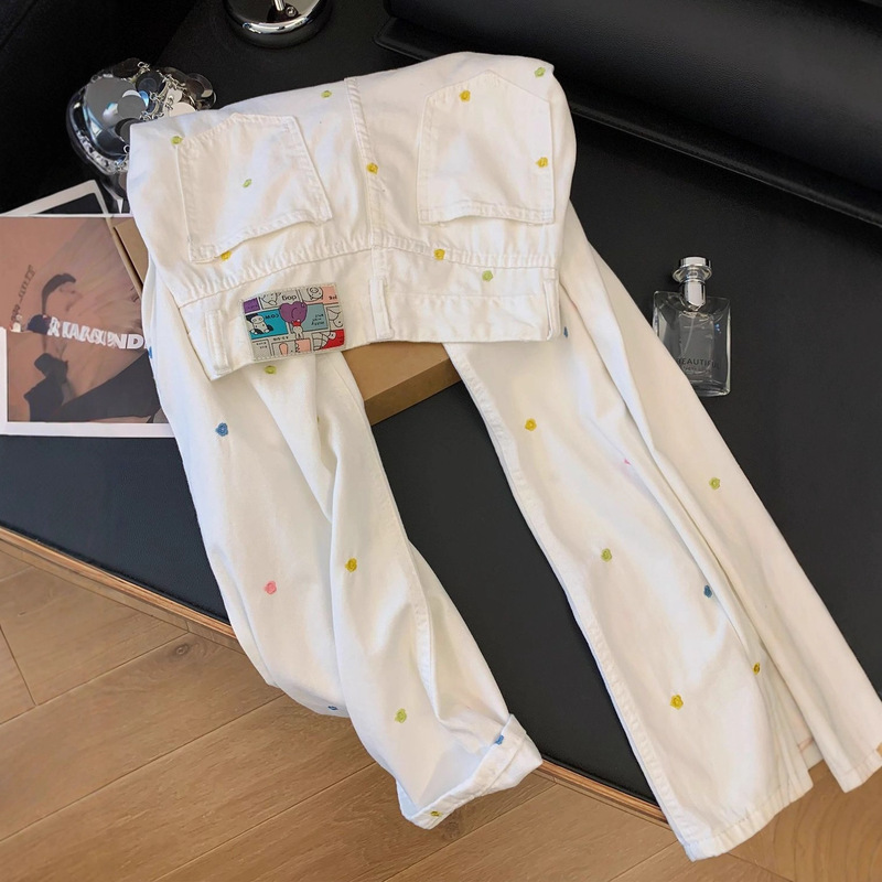 白色重工花朵刺绣牛仔裤女2025新款高腰宽松直筒显瘦阔腿裤子减龄|undefined