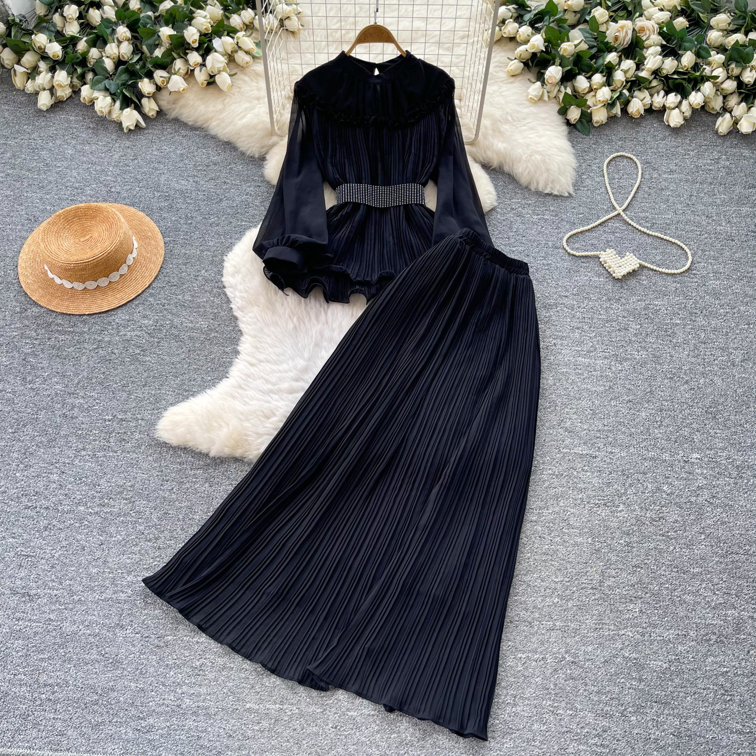 French Office Style Purple Lantern Sleeve Belted Ruffle Midi Dress For Women | Autumn Elegant Two-Piece Set_ecoleips.com