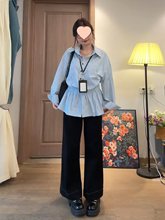 大码胖mm早秋条纹收腰衬衫女2025新款POLO领宽松遮肉显瘦长袖上衣
