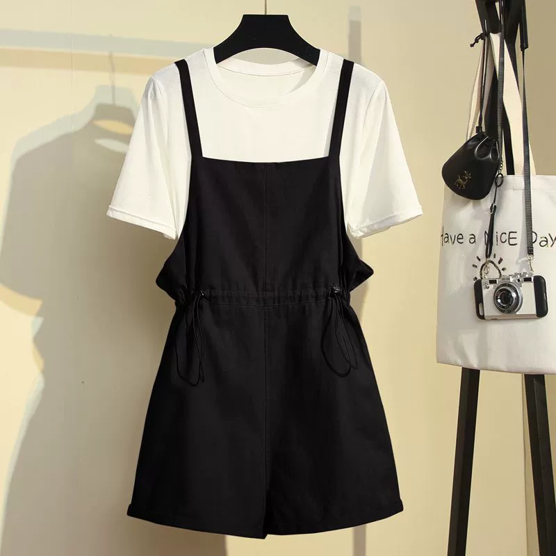 Цельный комплект/комплект женской одежды больших размеров, 100kg мм, свободные комбинезоны, комплект из двух предметов для полных девушек, весенне-летняя одежда для прикрытия живота