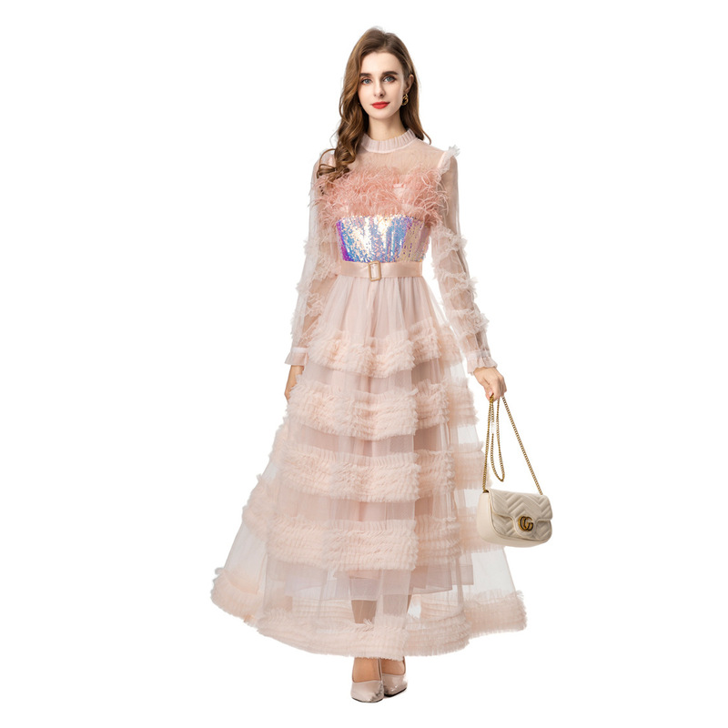 Elegant and Fashionable Feather Splicing Sequin Girdle with Mesh Multi-Layer Cake Long-Sleeved Mid-Length Skirt Dress 251905