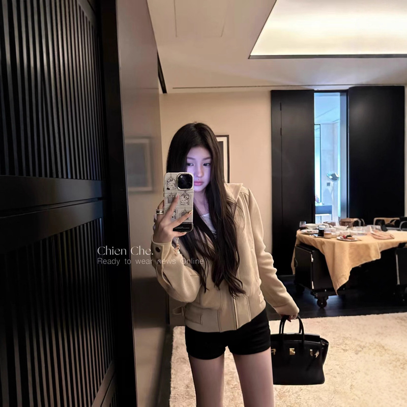 车迟恩Chien 小恶魔复古麂皮绒夹克上衣春连帽拉链卫衣短款外套女|undefined
