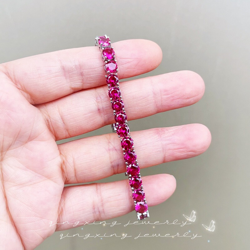 Red Corundum Bracelet European and American-style Fashion Tennis Bracelet Simulation Ruby Light Luxury High-end Seiko Inlaid Bracelet