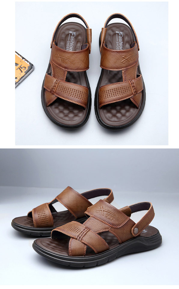 Dép sandal nam da bò hở ngón gót bằng 2,5 cm thoáng khí chống trượt — Kaki, Màu đen chi tiết 19