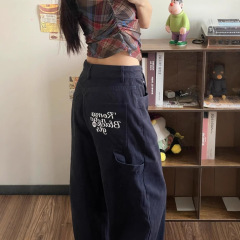 チベットの青い文字刺繍工装ズボン欧米hiphop揚げ街ズボン直筒ゆるいテーパードパンツ男長ズボン