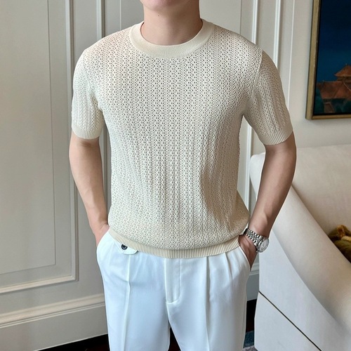 Casual Knit Short-Sleeve Men's British Retro Lightweight Mature Style Laced Breathable Fitted T-Shirt Top Under Shirt