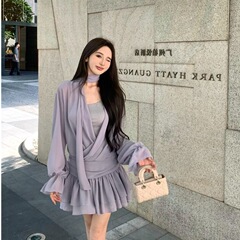 灰色飘带交叉v领长袖连衣裙女早秋气质贴身短裙名媛御姐风a字裙子