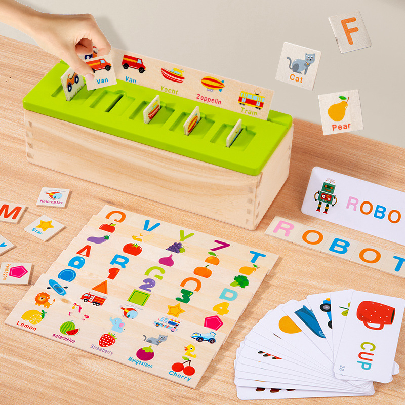 Nuevo conocimiento de la caja de clasificación de palabras inglesas frutas digitales cognición de la educación temprana caja de emparejamiento iluminación puzzle juguetes de madera image 1