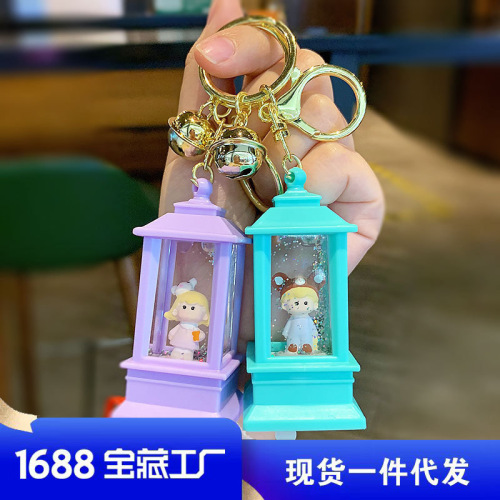 Creative sand bottle flash light keychain pendant cute cartoon small tower lantern night light for students school backpack small ornament wholesale