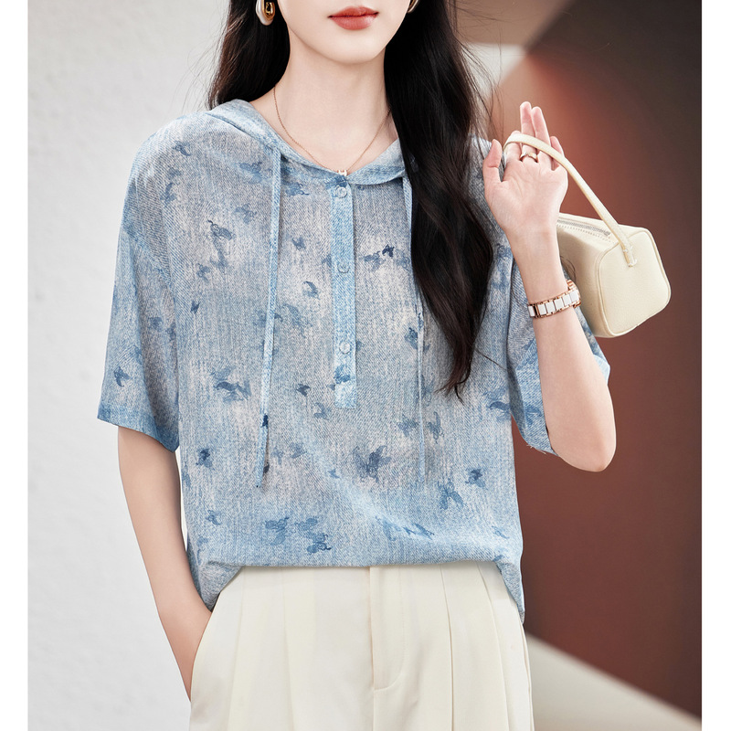 Hangzhou High-End Double Crepe Silk Shirt for Women, Short-Sleeved, 2026 Summer New Style, Elegant Mulberry Silk Slimming Hooded Top