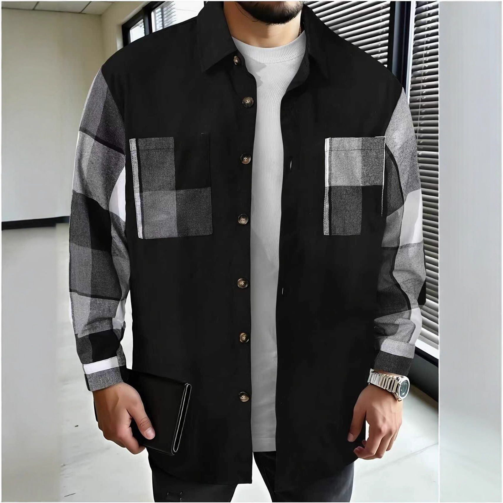 "Camicia a quadri slim fit da uomo – Misto poliestere elasticizzato con pannelli a contrasto (S-3XL, nero/azzurro cielo)"_voghion.com
