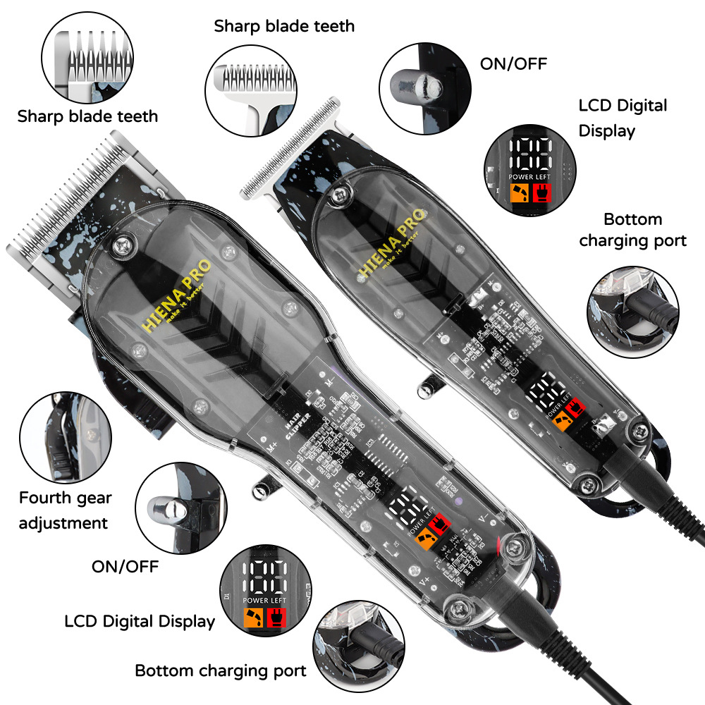 Cortadora de cabello profesional, pantalla digital LCD eléctrica, cuerpo transparente, máquina T01, traje recargable dos en uno, transfronterizo