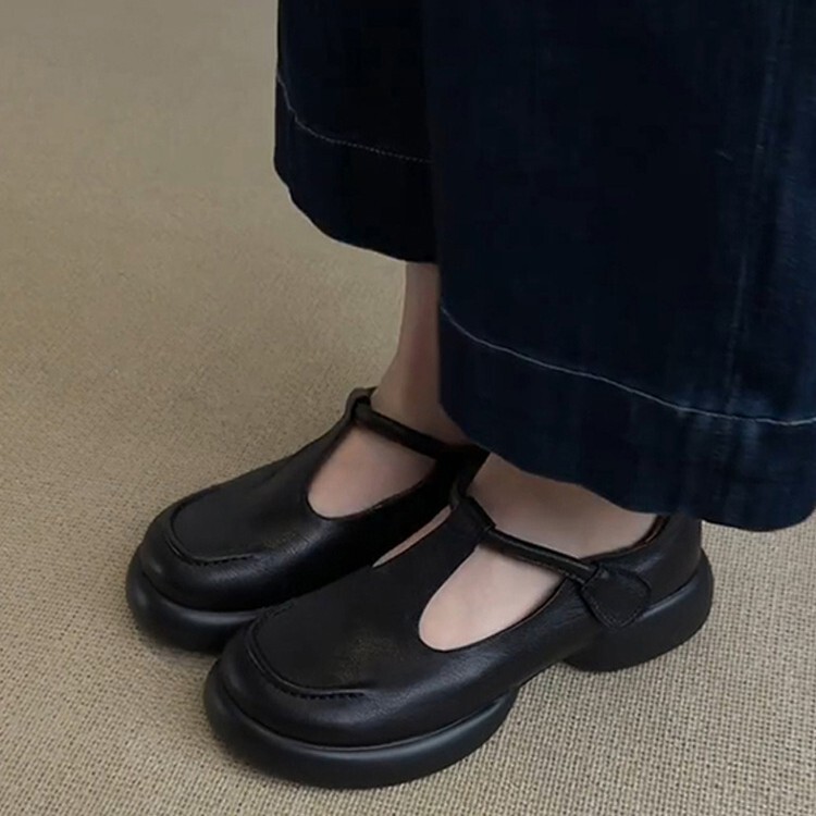 羊皮版~真皮复古简约圆头厚底玛丽珍鞋女通勤百搭黑色小皮鞋单鞋|undefined