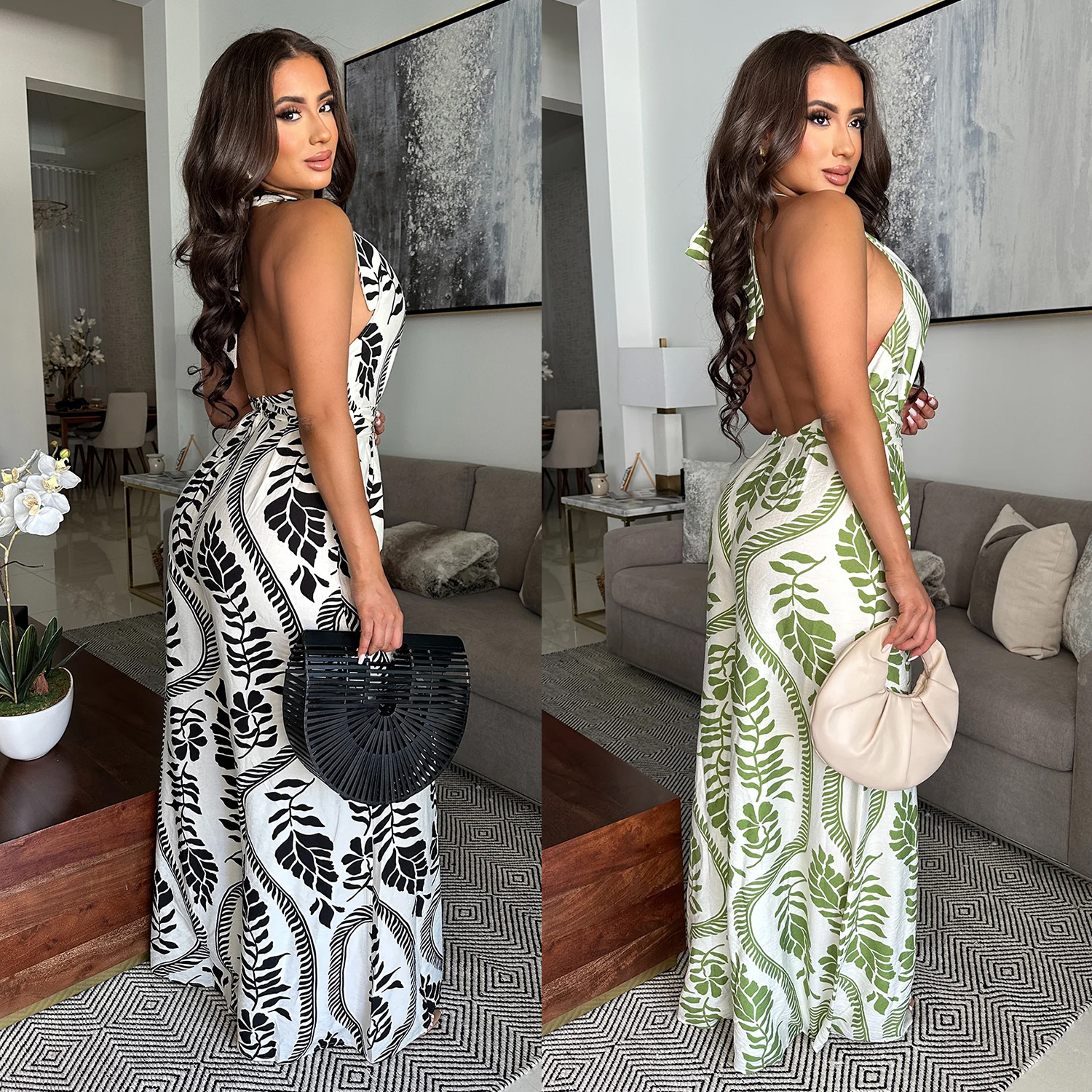 C7310 Aliexpress transfronterizo Amazon Europa y los Estados Unidos moda de mujer casual sexy cuello profundo v pantalones de impresión de espalda abierta