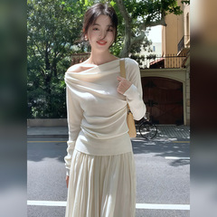 白色盪領露肩一字肩針織長袖T恤2025春秋新款女裝設計感純欲上衣