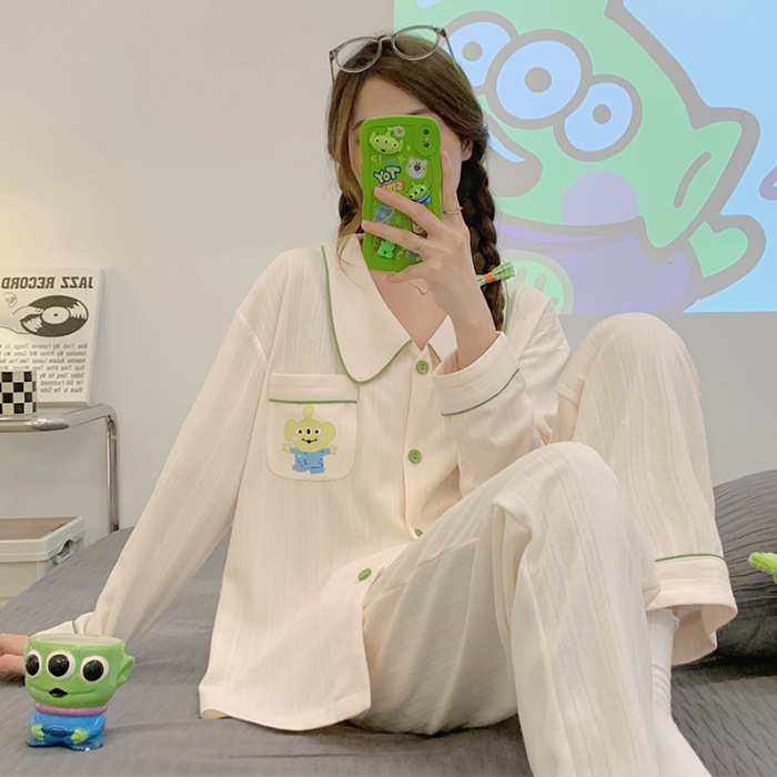 Sweet Girl Pink pijamas mujeres peinado Jacquard de algodón Otoño e Invierno manga larga solapa cardigan lindo casual Home wear traje