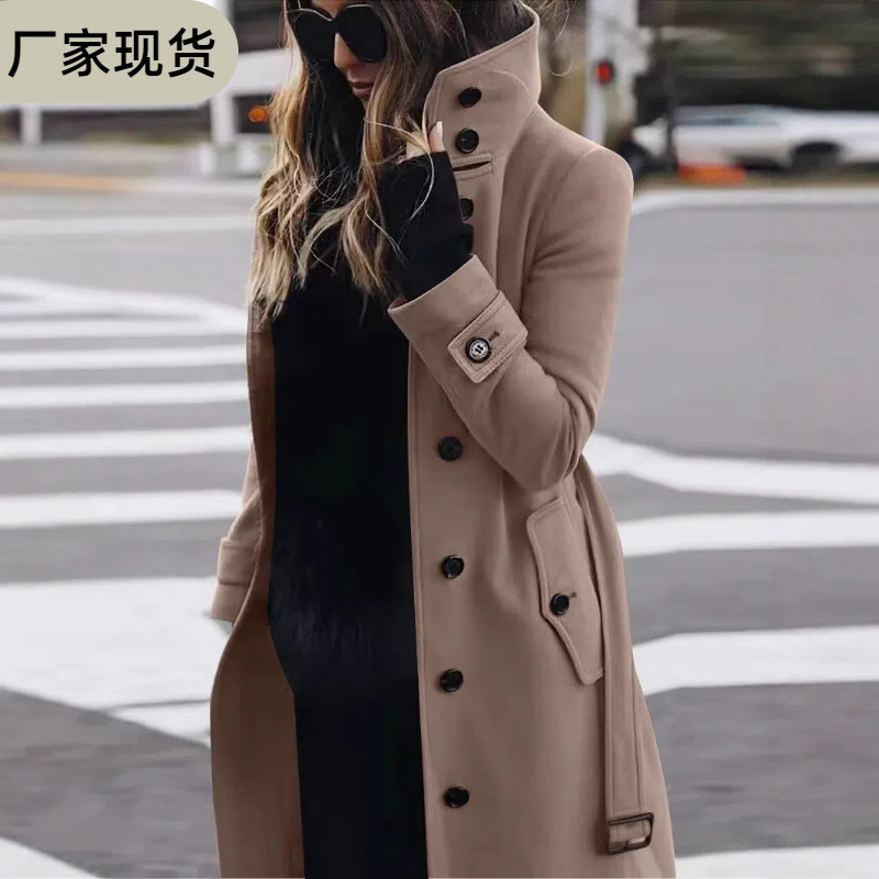 跨境外贸亚马逊2025秋冬新款修身毛呢大衣女装外套纯色女装大衣