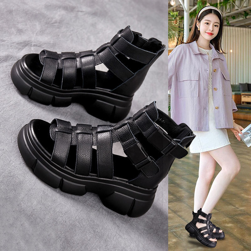 Sandalias retro de cuero suave para mujeres 2023 verano nueva plataforma hueca cuña todo partido sandalias romanas de tacón alto