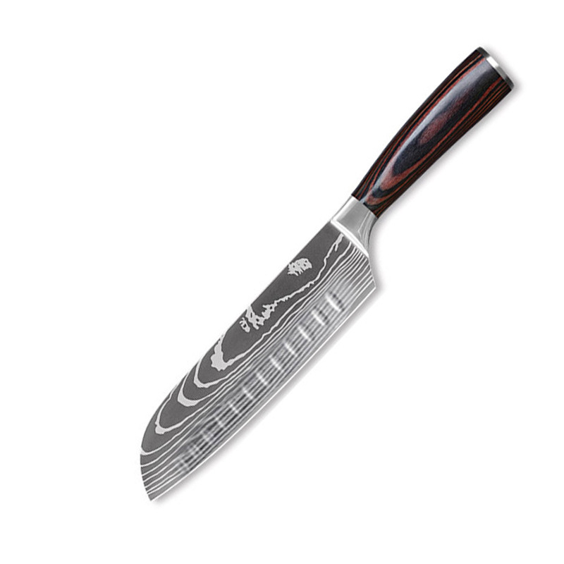 Venta caliente transfronteriza patrón de Damasco cuchillo de chef mango de madera de color cuchillo de cocina de acero inoxidable juego de cuchillos de estilo japonés Sande al por mayor