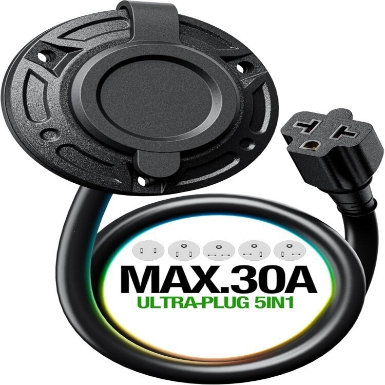 Ac Port Plug, Heavy-Duty Rv Coastal Power Inlet Plug, with 5-in-1 T-Blade Adapter