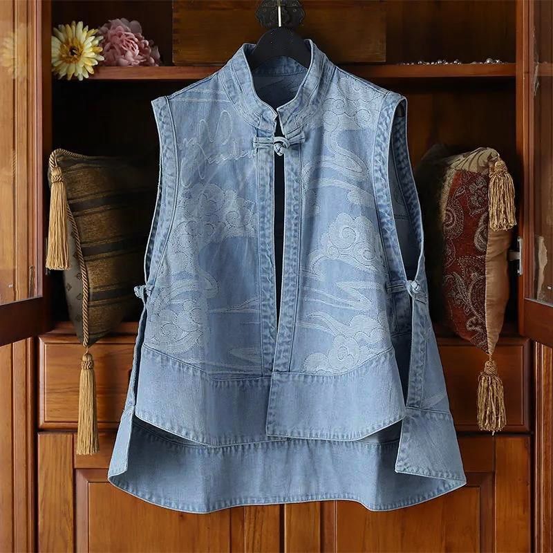 Ethnic Style Chinese Buckle Denim Vest Outer Wear New Style plus size Cheongsam Top Sleeveless Cardigan Jacket for Women