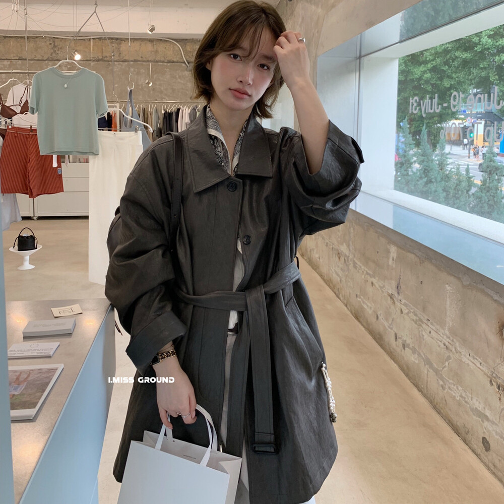 I MISS韩标设计感翻领收腰皮衣外套女2025秋季新款中长款风衣大衣
