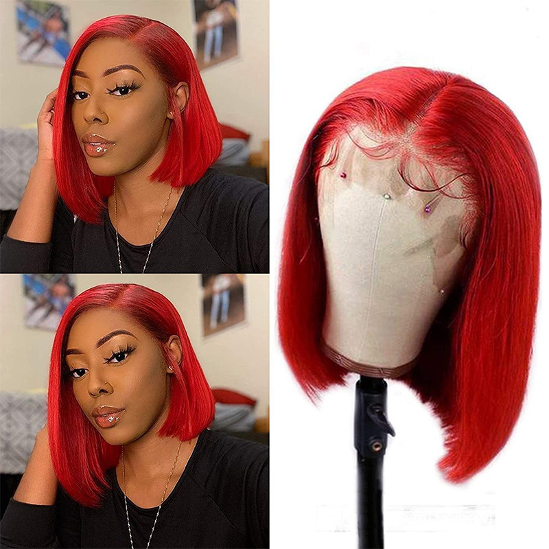 Wig European and American Style Lace Front Bob Red Wigs Women's Short Straight Hair Synthetic Fiber Fashionable Long Straight Hair