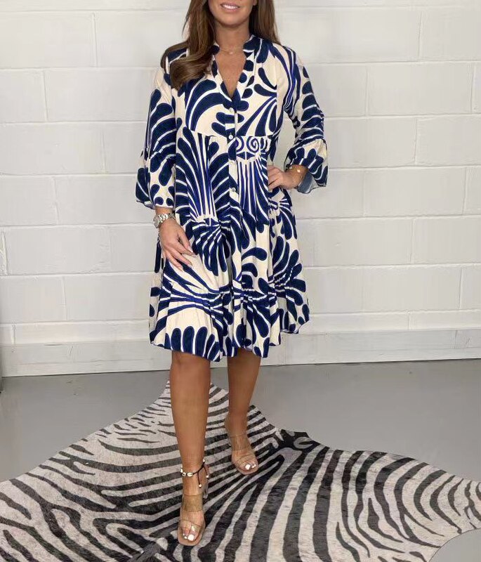 S32146 Europe and the United States cross-border Amazon new fashion long sleeve printed shirt dress long dress women's clothing