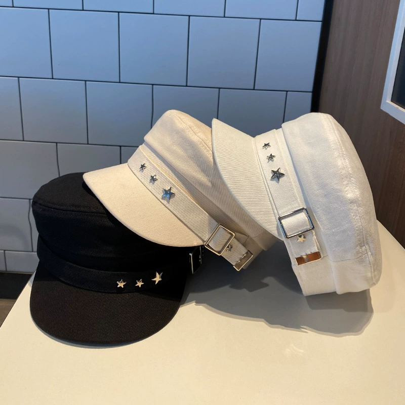 Demi-Season Army Cap, Retro Korean Beret Style, Star Studs & Buckle, M 56–58 cm
