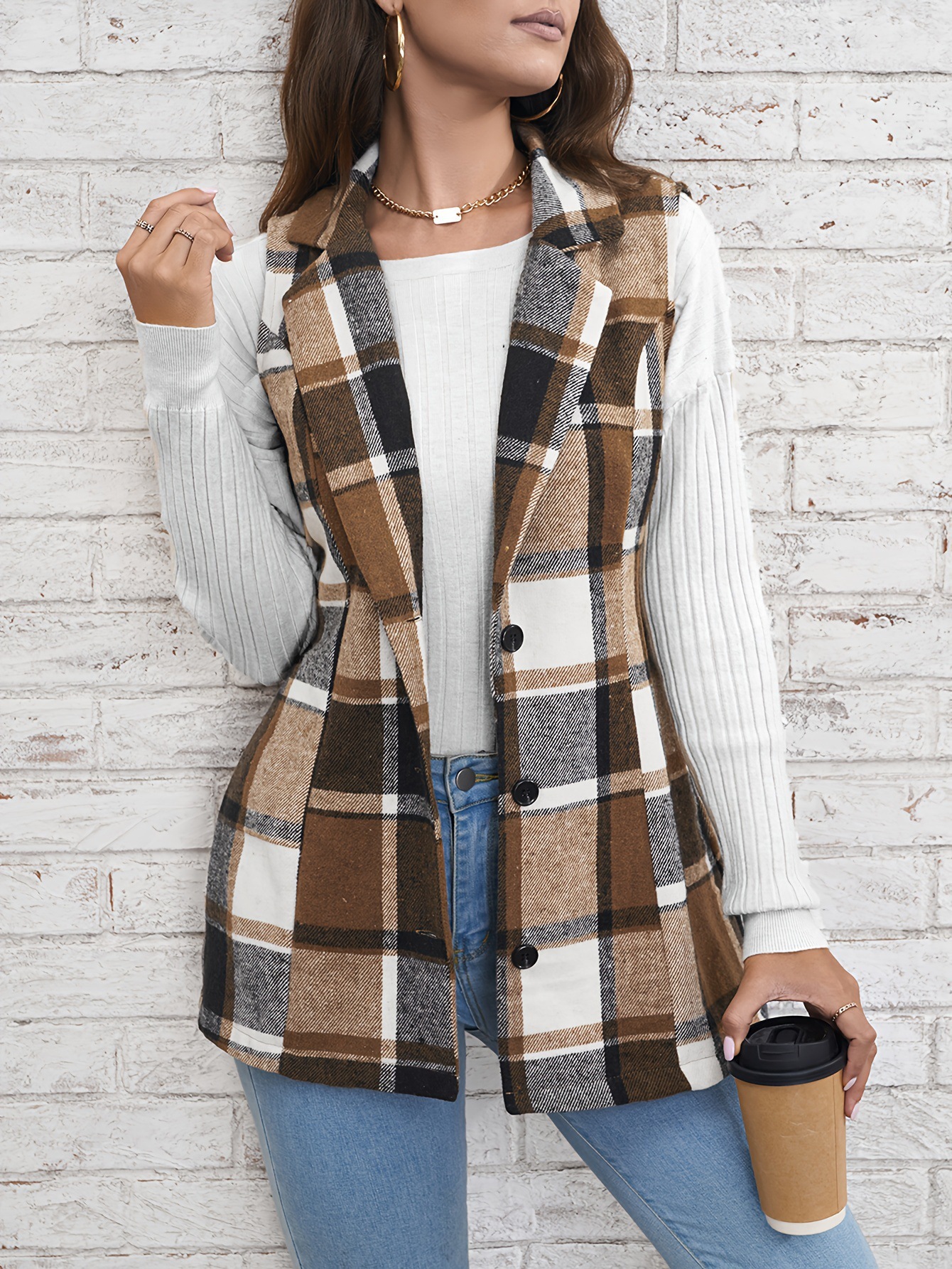 Chaqueta de mujer de comercio exterior transfronterizo chaleco a cuadros europeo y americano 2025 primavera estilo elegante cárdigan sin mangas de un solo pecho image 1