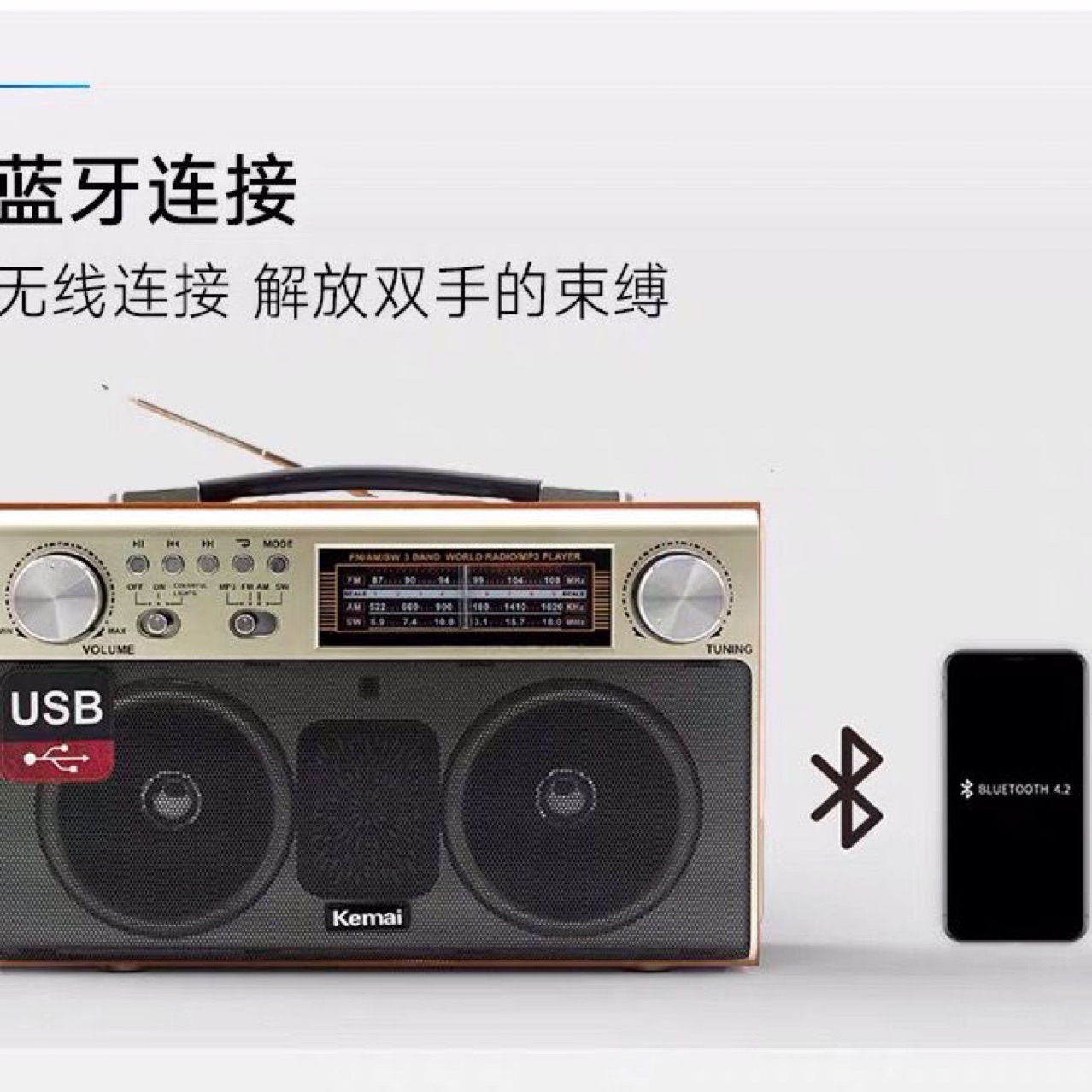 Altavoz Bluetooth inalámbrico retro de madera, portátil, hogar, radio FM de tres segmentos, subwoofer, audio de tarjeta de teléfono móvil