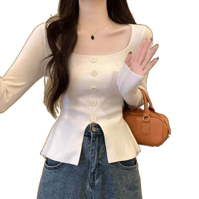 チェリーレッドスクエアネック長袖セーターレディース秋冬インナーデザインスリットスリムセーターボトムストップ|undefined