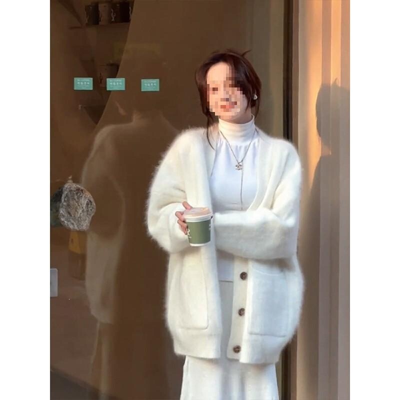 Japanese-Style Fluffy Collar Fashion Sweater Cardigan for Women, Stylish Spring and Autumn Thickened Lazy Style Ice Silk with Tags