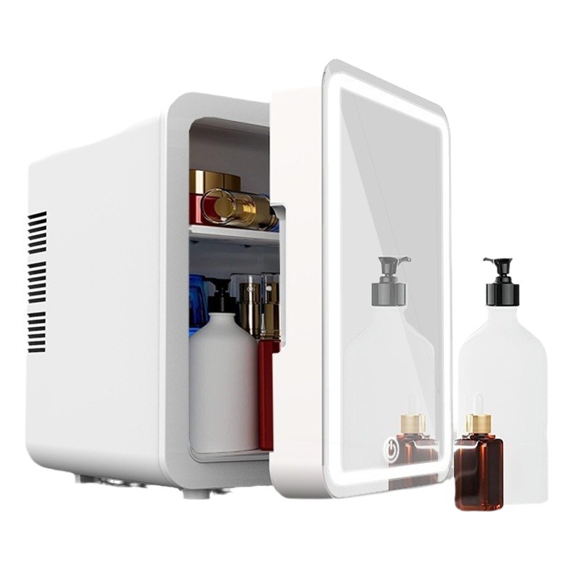 Mini refrigerador cosmético con espejo y luz LED, portátil para maquillaje y cuidado de la piel, uso en casa o coche