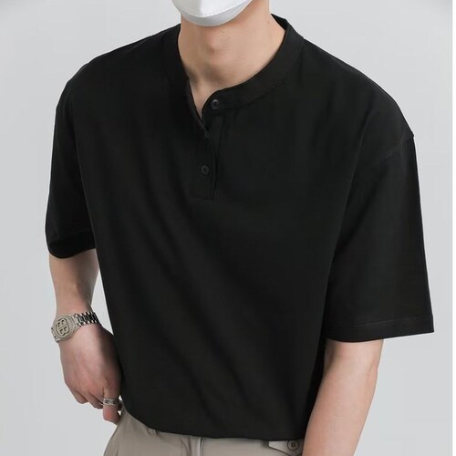 Summer Solid Color Collar Polo Shirt for Men, Summer Slim Fit Casual Half-Sleeve Student Bad Boy Style Collarless Short Sleeve T-Shirt