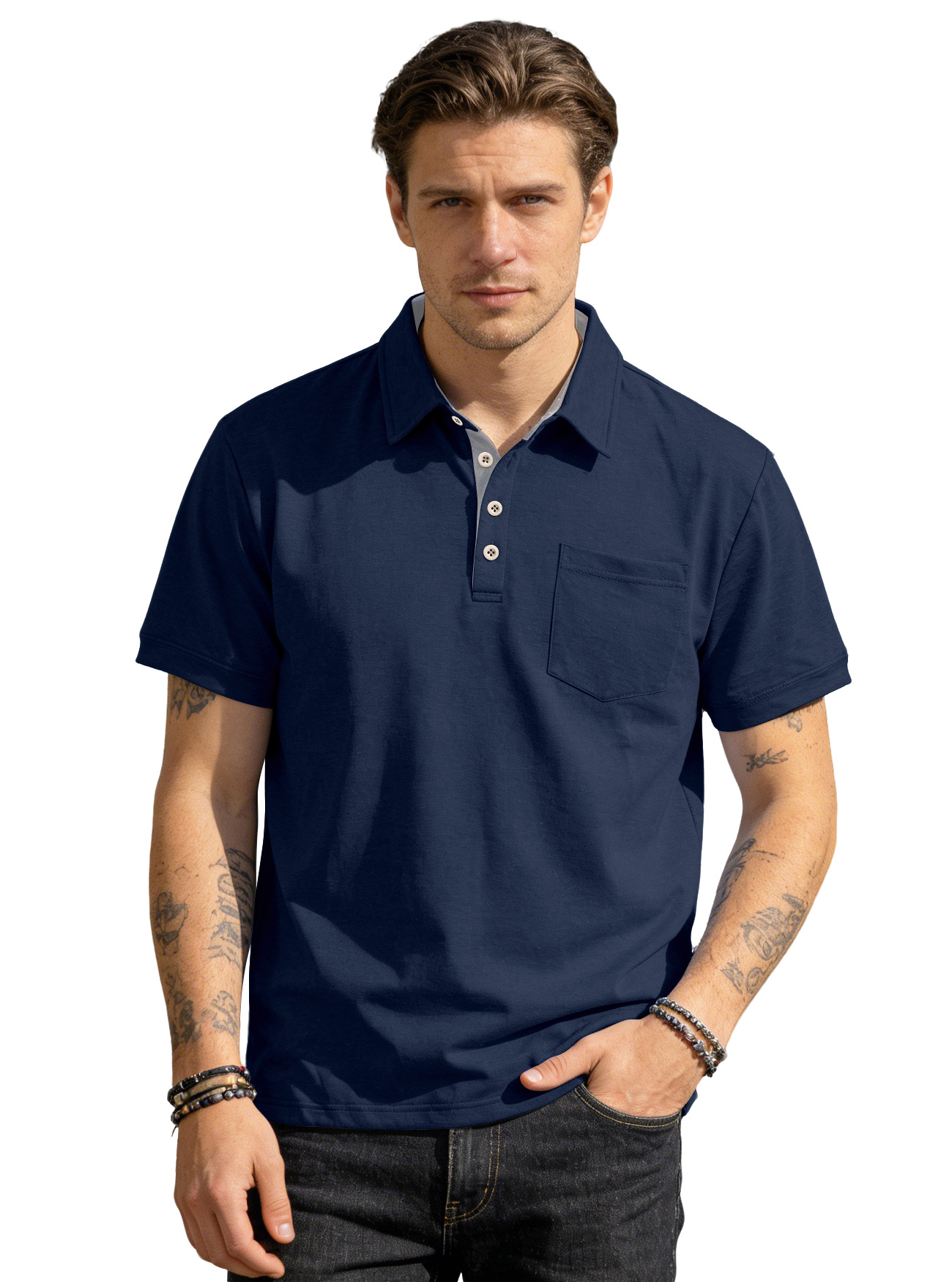 Nuevo transfronterizo Europa y América de verano hombre nuevo polo de manga corta con solapa de color sólido camiseta casual para hombre